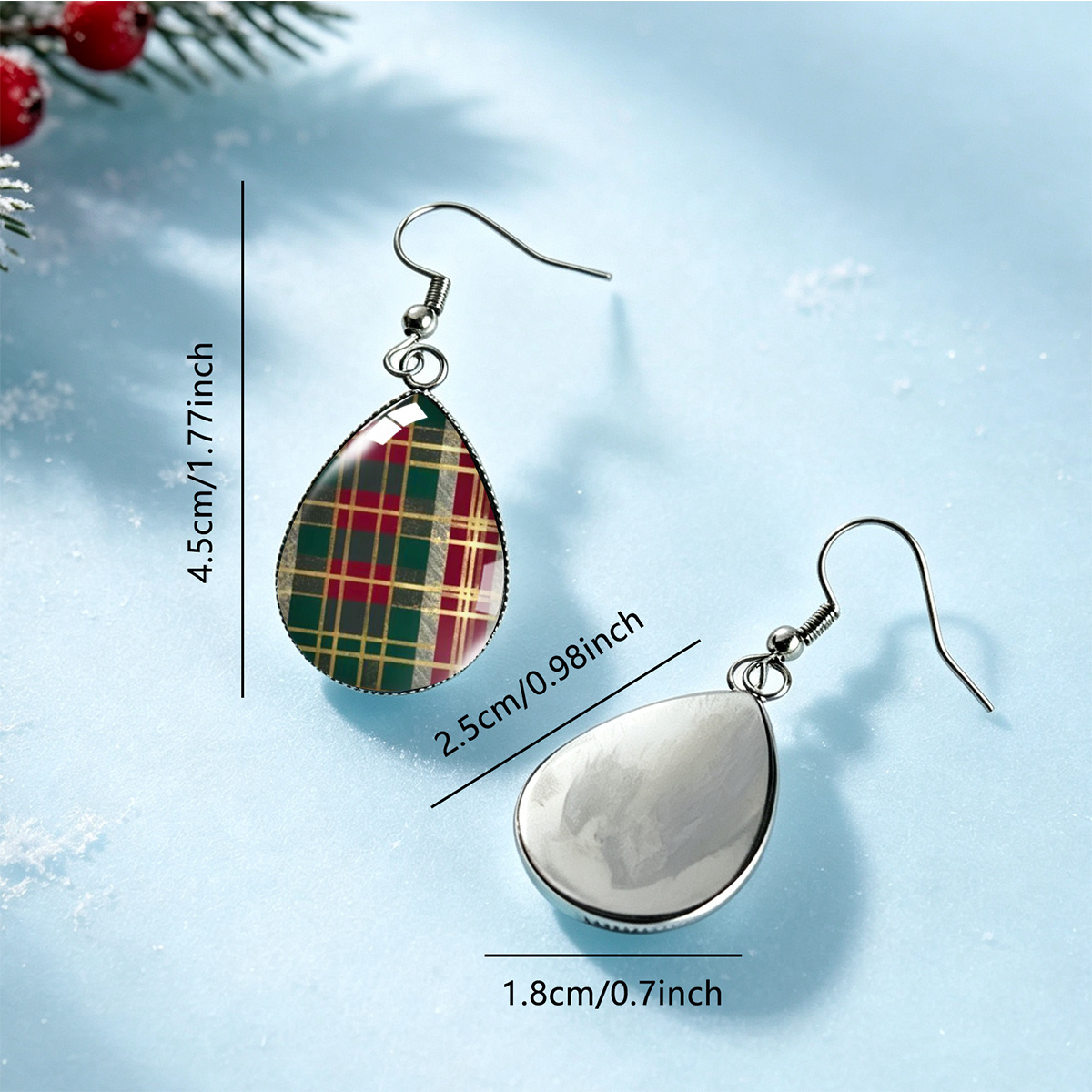 Waterdrop Pendant Stainless Steel Earrings, Vintage Checkered Design